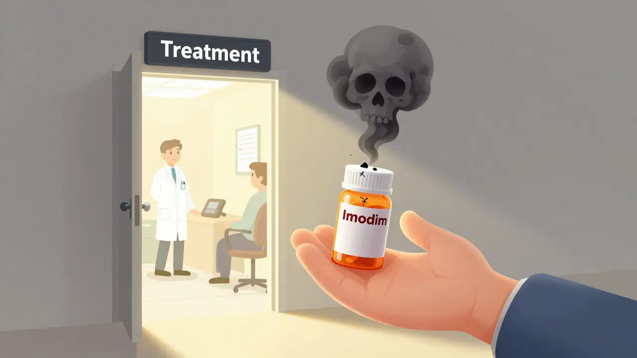 Hand reaching out to someone with a cracked loperamide bottle as a hopeful treatment door glows behind them.