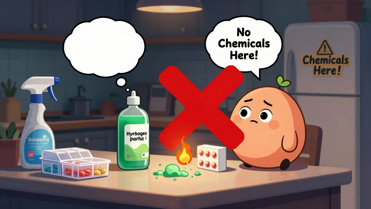 Kitchen counter with leaking hydrogen peroxide near antacids, sparking with a tiny flame and warning symbols.