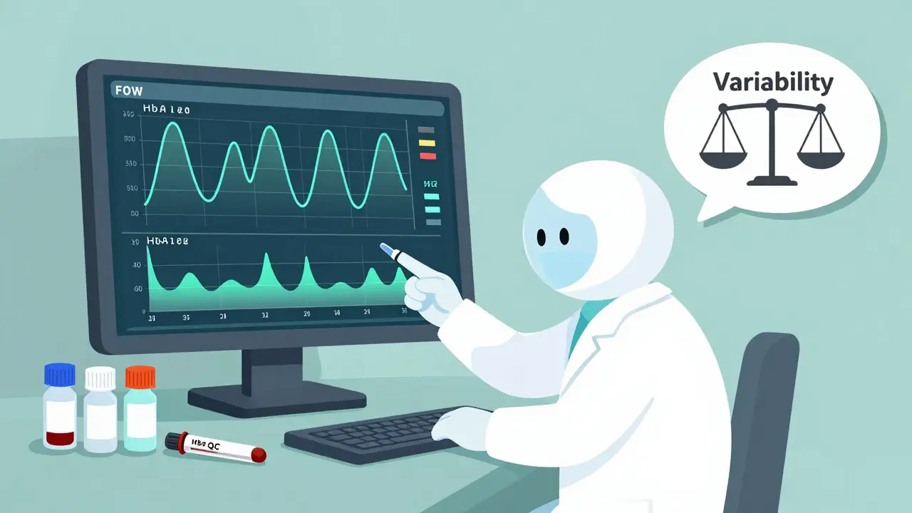 Lab technician watching HbA1c data curves, with QC vials and a balanced scale showing variability and safety.