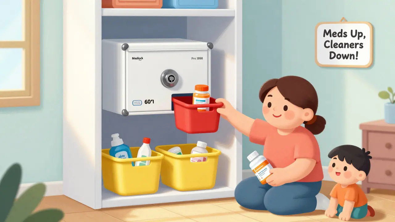 Locked medicine box on a high shelf in a bedroom closet, with color-coded bins below and a child playing safely.