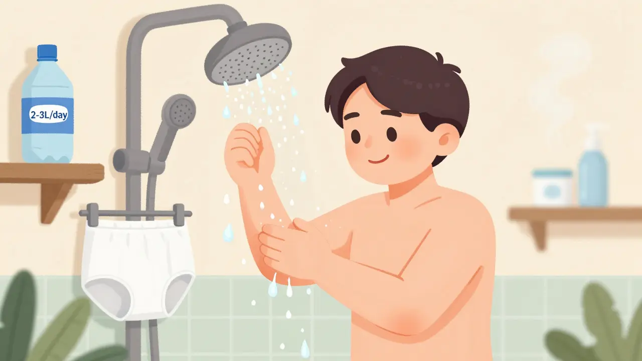 Man gently cleaning under foreskin in shower, with water bottle and cotton underwear nearby.