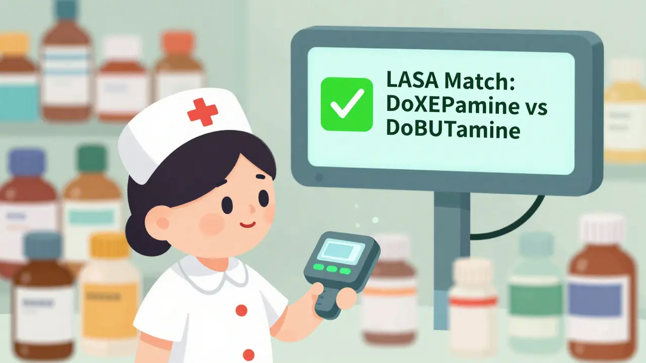 Nurse scanning a medication barcode while a digital screen shows a LASA warning for similar drug names.