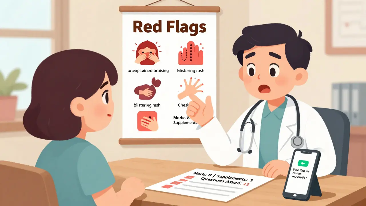 Patient confidently discussing red flag symptoms with doctor, 'Red Flags' poster visible in background.