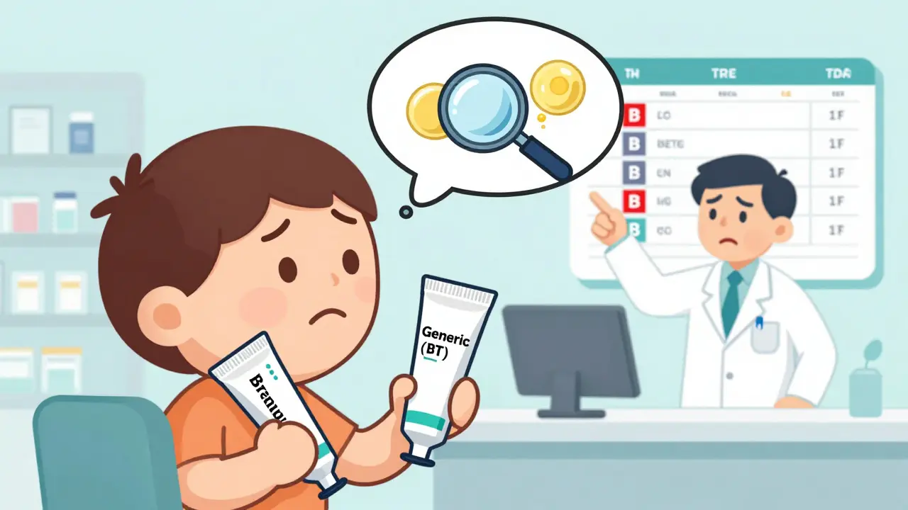 Patient confused by two topical creams, one marked BT, with a doctor pointing to FDA therapeutic equivalency codes.