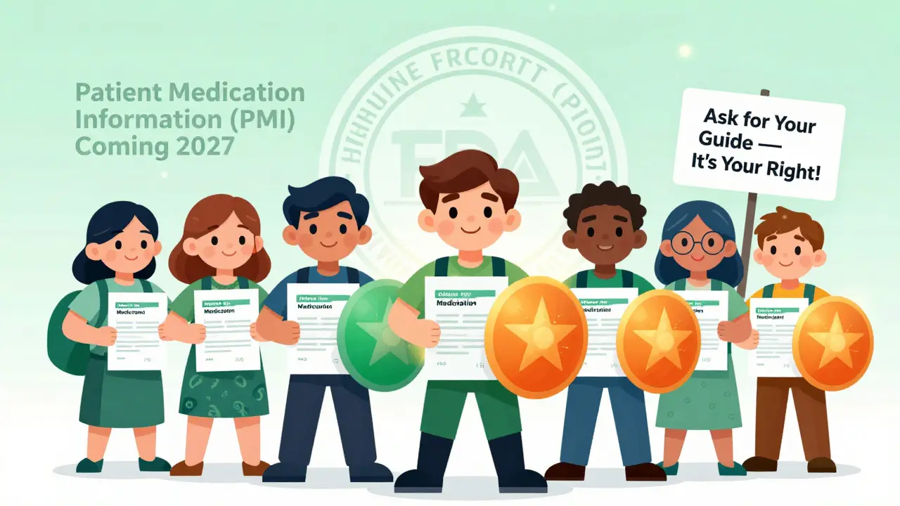 Patients hold Medication Guides like shields, symbolizing their right to safety information.