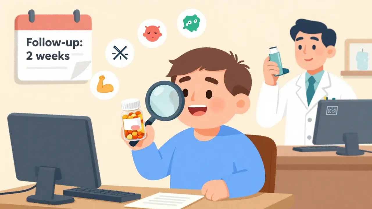 Person examining pills with pharmacist demonstrating inhaler use, side effect icons floating nearby.