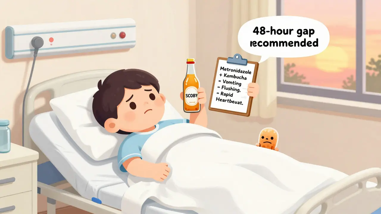 Person in hospital bed with kombucha bottle and doctor pointing to reaction symptoms