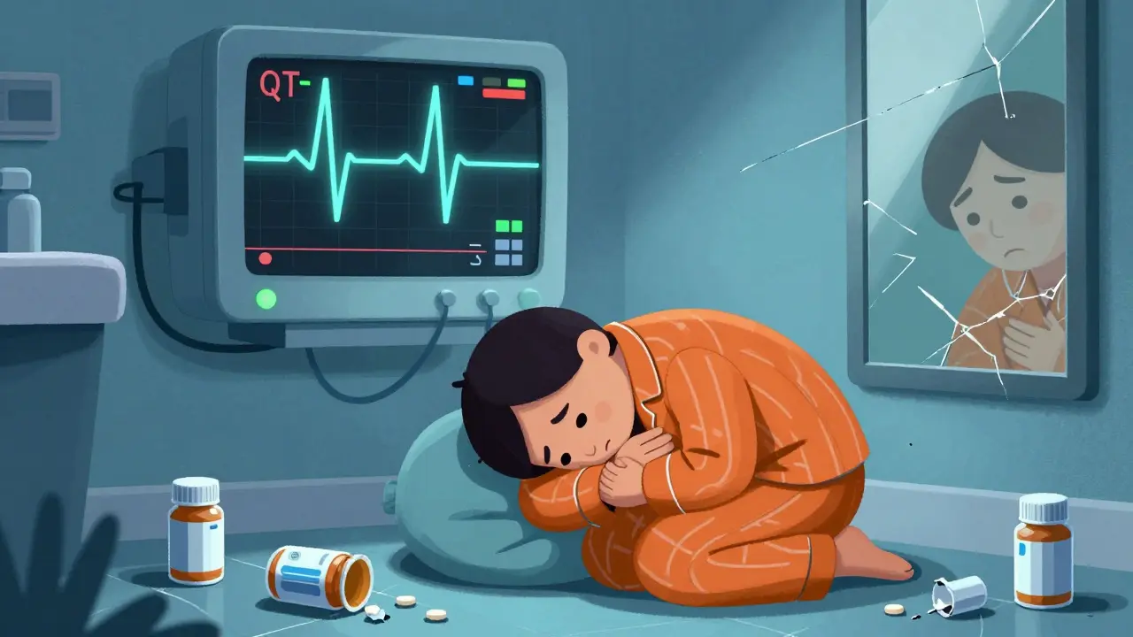 Person on bathroom floor with distorted ECG monitor showing dangerous heart rhythm.