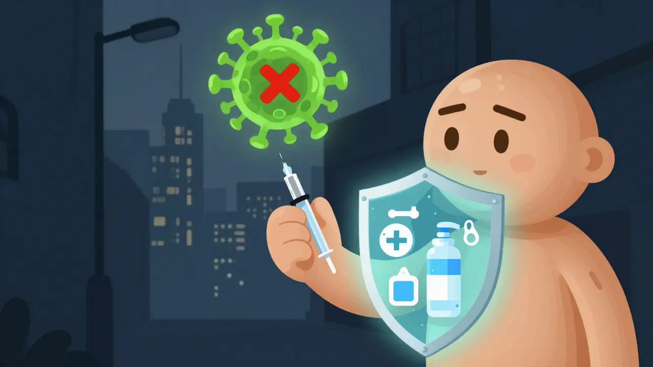 Person protected by clean syringes and harm reduction tools as virus fades away