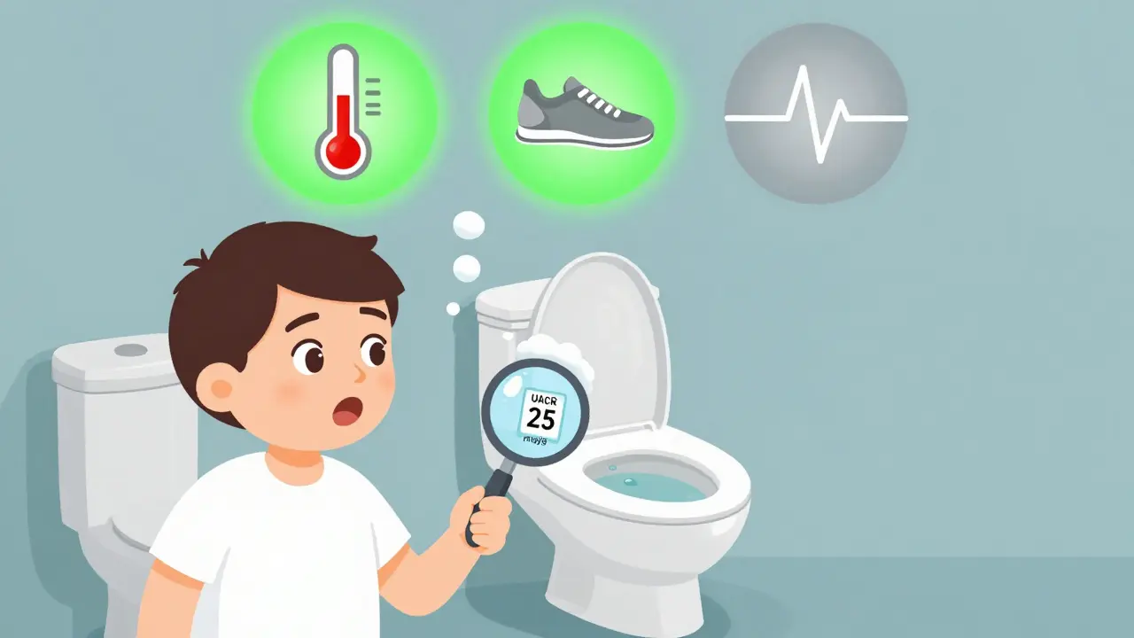 Person surprised by foamy urine with floating icons showing fever, exercise, and stress as harmless causes.