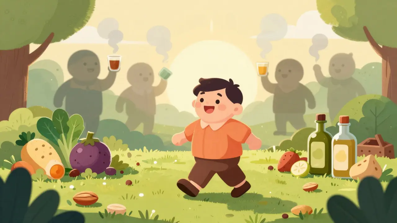 Person walking in park surrounded by healthy foods, while unhealthy items fade into smoke behind them.