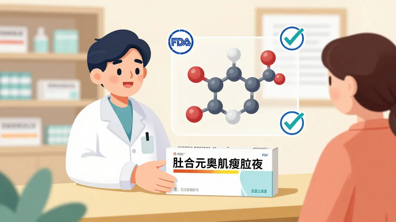 Pharmacist giving a biosimilar to a patient beside the brand-name drug, with molecular structures showing similarity.