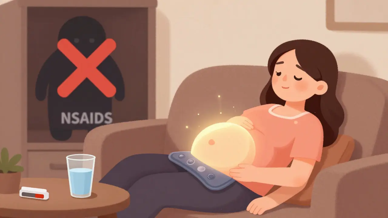 Pregnant woman in third trimester resting safely with acetaminophen, NSAIDs locked away.