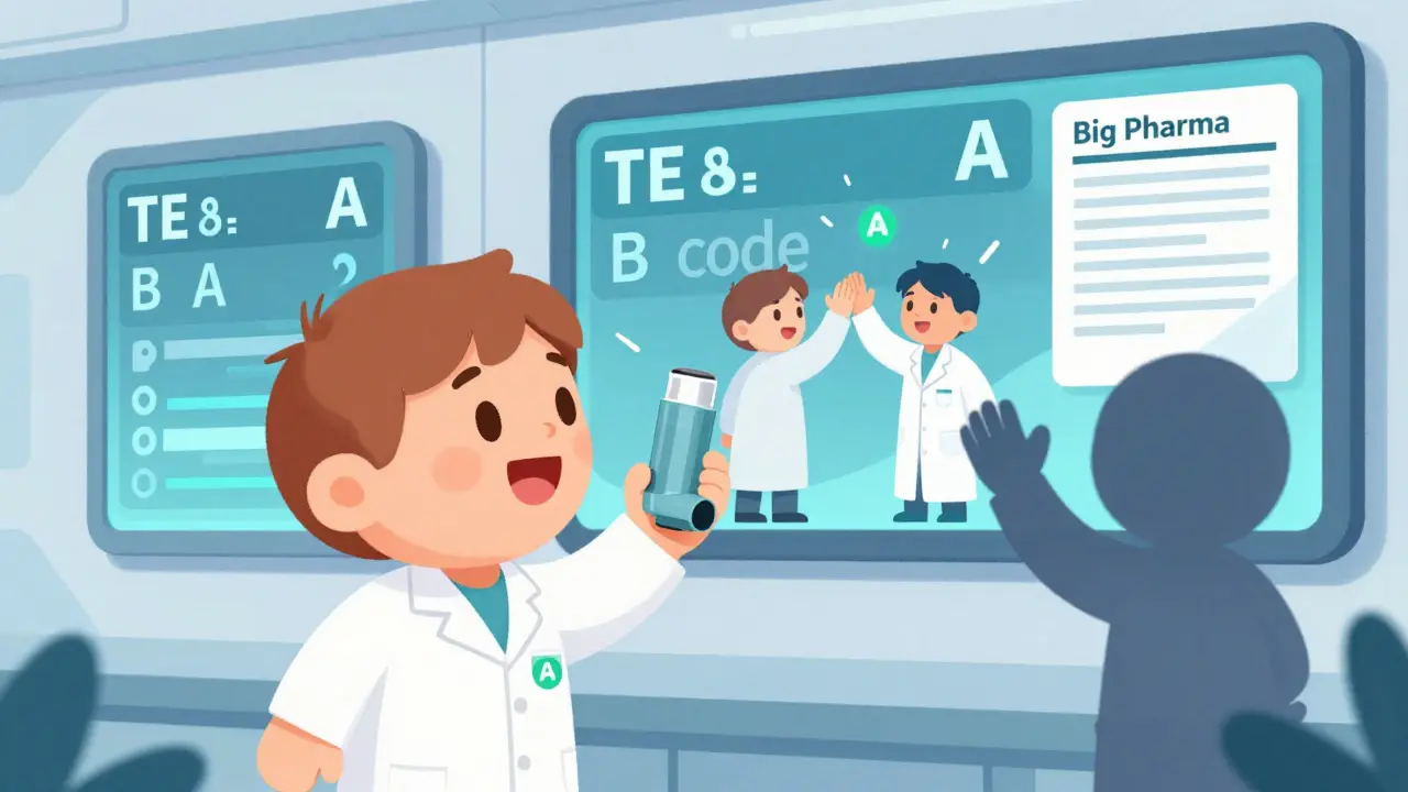 Scientists celebrating as a generic inhaler's TE code changes from B to A on a digital pharmacy wall.