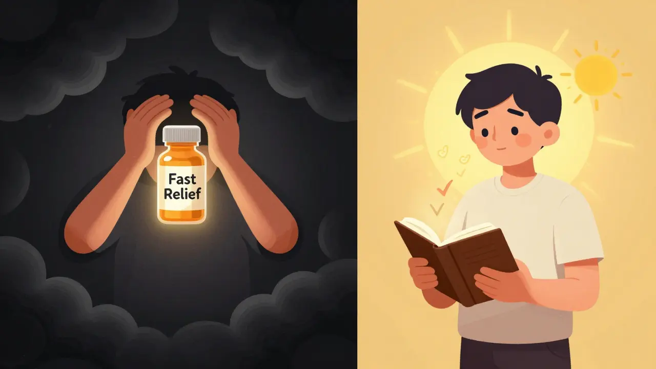 Split image: chaotic dark clouds with a benzodiazepine bottle vs. calm sunlight with a journal and deep breathing.