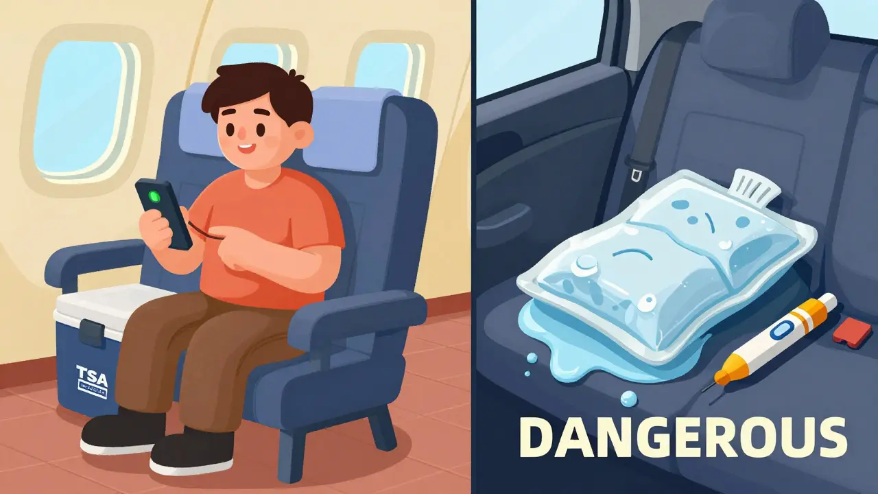 Split scene: safe travel with approved cooler vs risky use of melting ice pack in hot car.