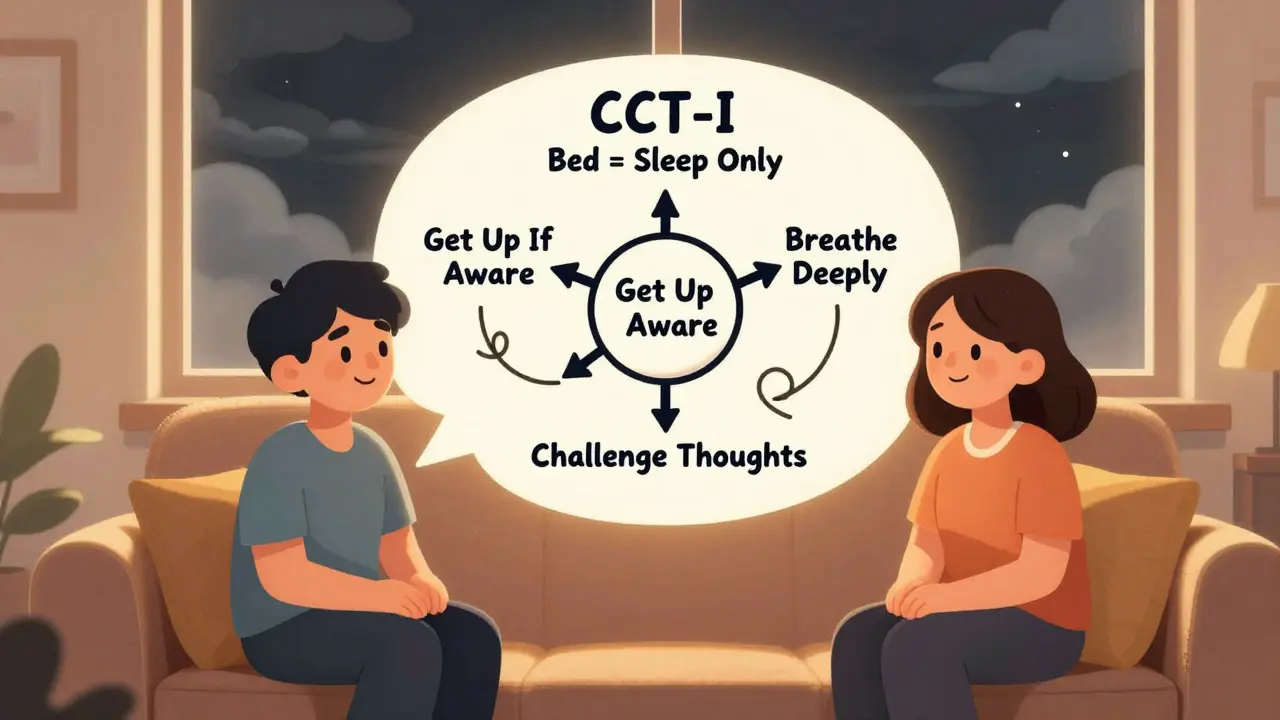 Therapist and patient with a visual CBT-I flowchart showing steps to improve sleep and reduce anxiety.