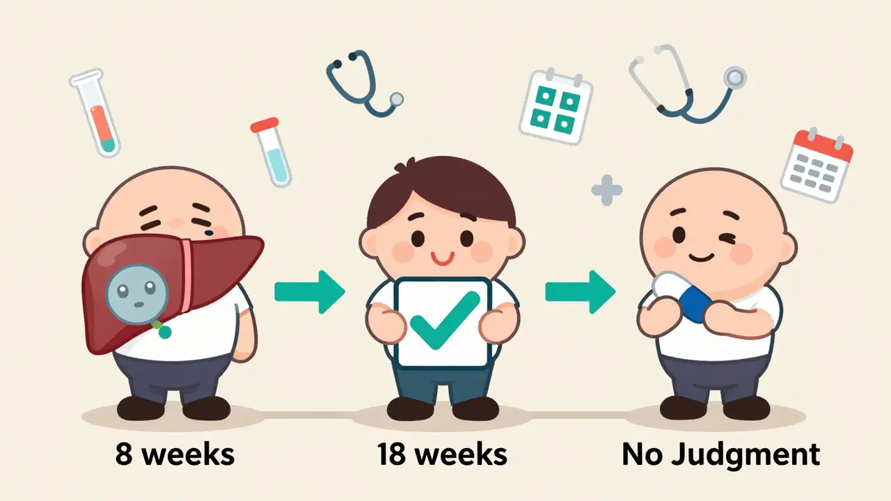 Three cartoon figures showing HCV stages from illness to cure to retreat with medical icons