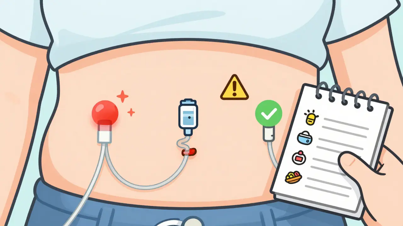 Three infusion sites on abdomen: one infected, one kinked, one healthy, with logbook showing meals and glucose levels.