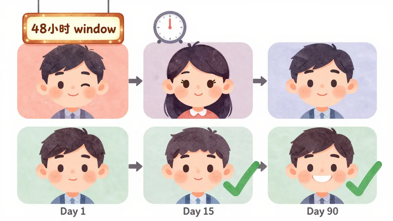 Three-panel timeline showing gradual facial recovery from droop to full smile over 90 days.