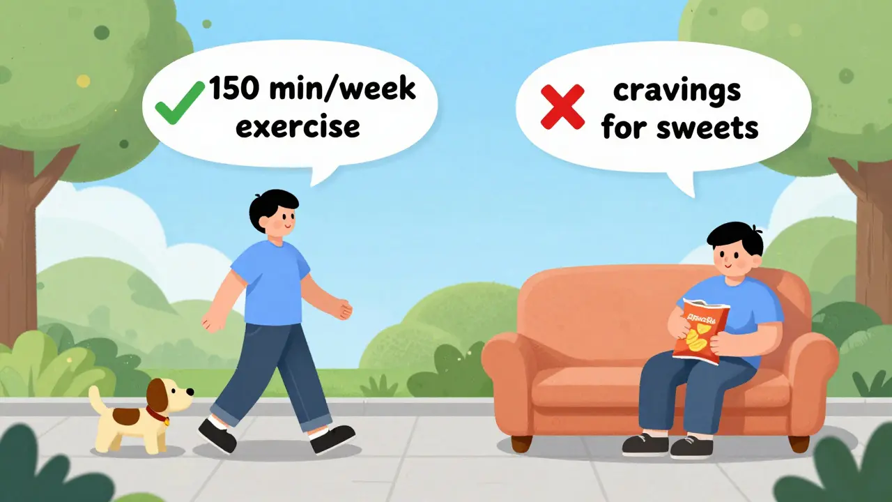 Two versions of a person: one active walking, one inactive eating chips, showing lifestyle choices.