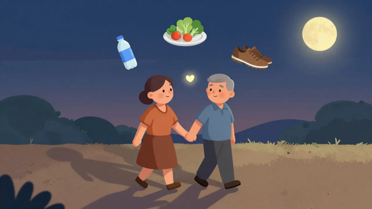 A couple walking after dinner under the stars, surrounded by icons of healthy choices like water and vegetables.