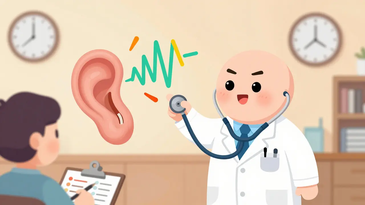 A doctor points to a chart of ototoxic drugs while a cartoon inner ear is damaged by sound waves.