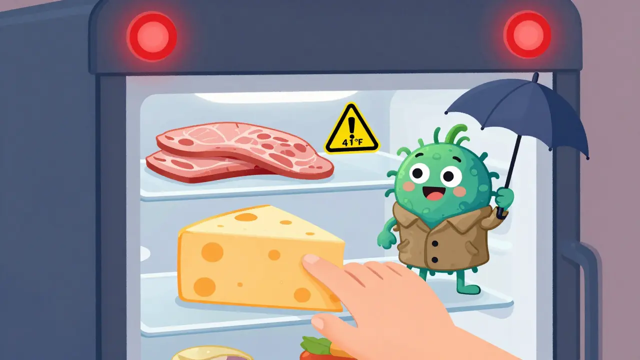 A fridge with warning labels and Listeria growing happily on deli meat and cheese at 41°F.
