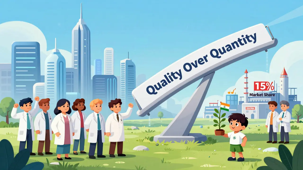 A futuristic scene where India's advanced pharma industry thrives while China's manufacturing share declines, symbolizing a shift toward quality.