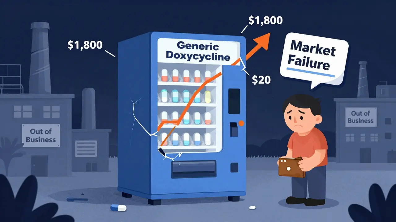 A generic drug vending machine spikes from  to ,800 as manufacturers exit the market, leaving one lonely pill inside.