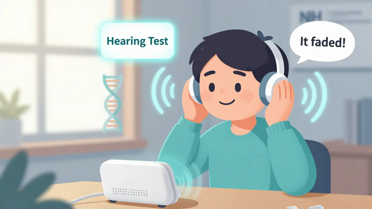 A person relaxes with a white noise machine as fading tinnitus rings disappear, symbolizing recovery.