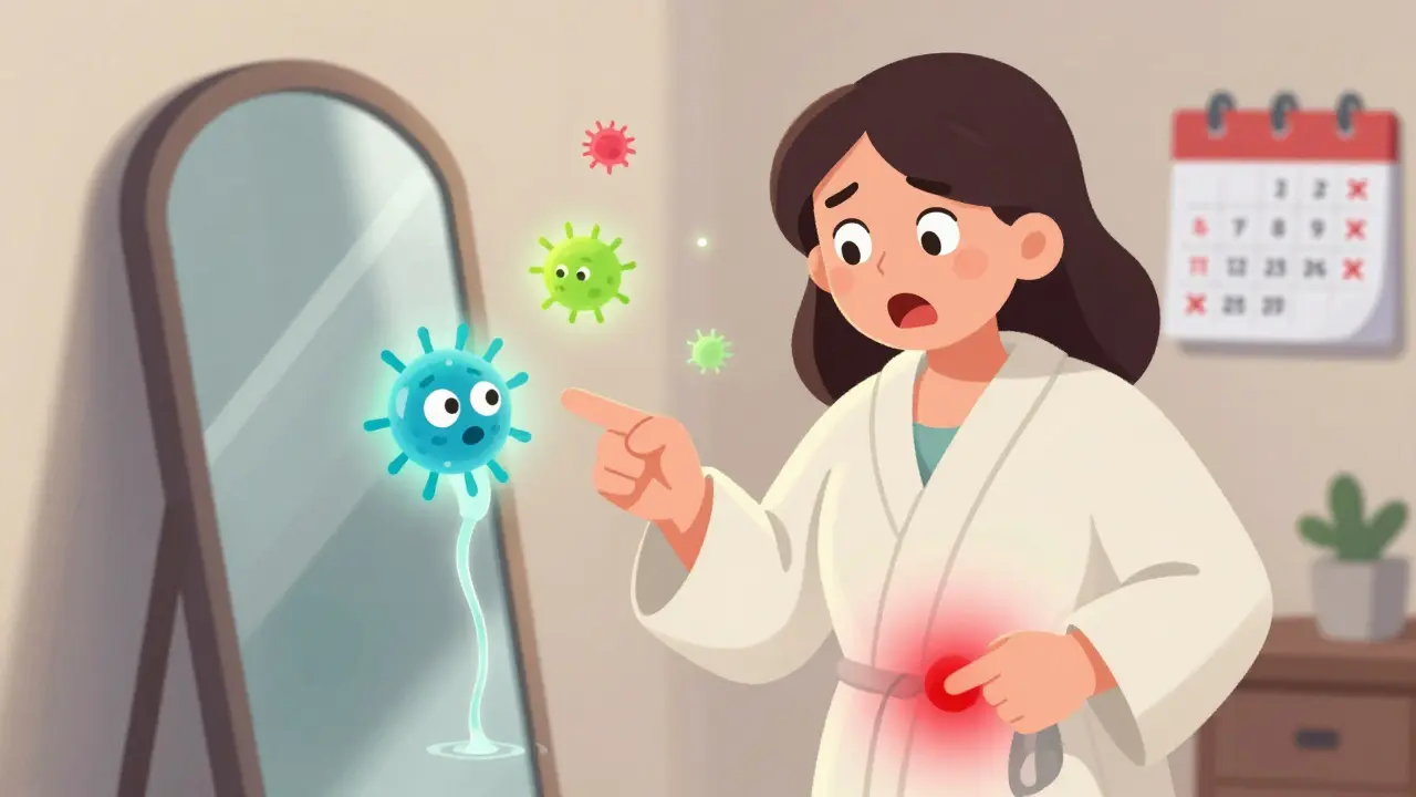 A woman shocked at her reflection, showing swelling near her vulva with glowing bacteria rising from her urine stream.