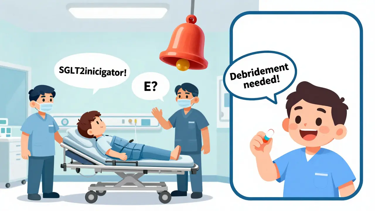 An emergency room scene with medical staff rushing a patient, shouting about SGLT2 inhibitors and debridement, while a past happy moment is shown in a small inset.