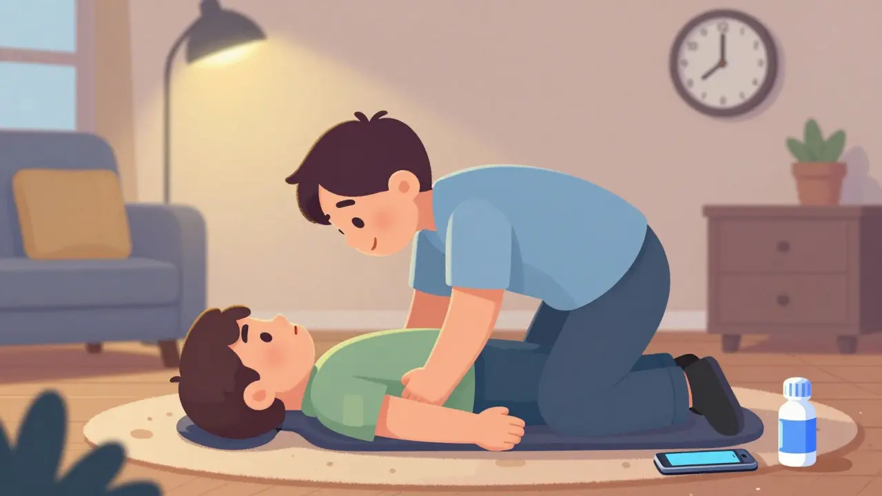 An unconscious person placed in the recovery position on a living room floor, with a phone and naloxone nearby.