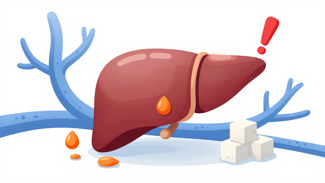 Cartoon liver with fat droplets and sugar cubes, red warning sign