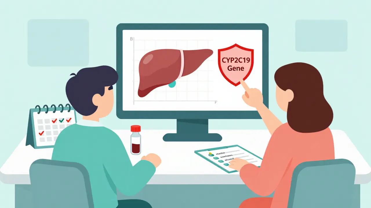 Doctor and patient reviewing liver enzyme graph with medication list on clinic table.