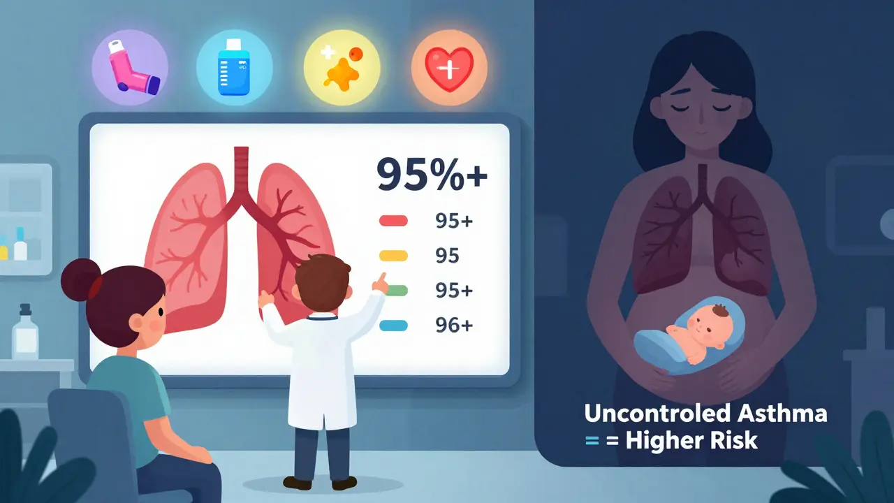 Doctor showing a chart comparing safe asthma control versus uncontrolled asthma risks during pregnancy.