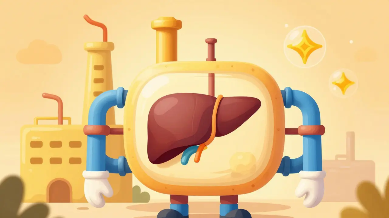 Factory-shaped abdomen connected to liver and pancreas with health symbols