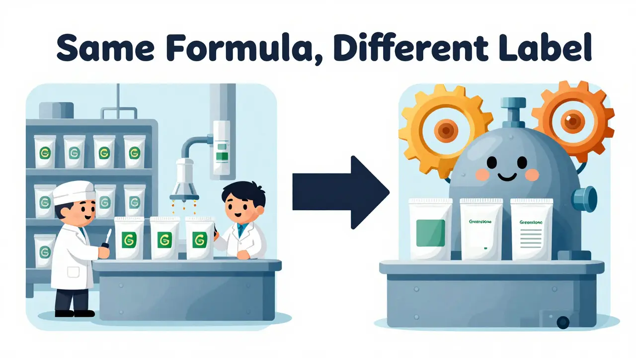 Identical drug production line shown side by side, one labeled with a brand name, the other with a generic label.