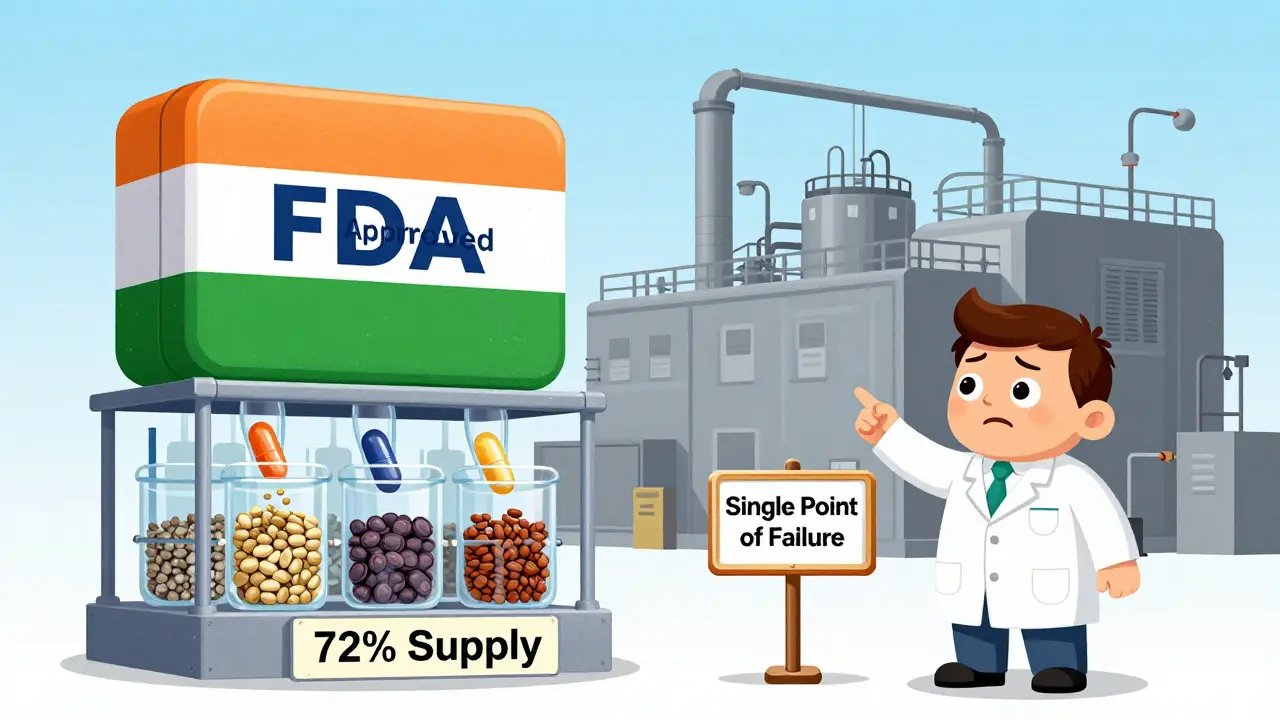 India exporting FDA-approved pills to the U.S. while relying on China for raw ingredients, highlighting a supply chain vulnerability.
