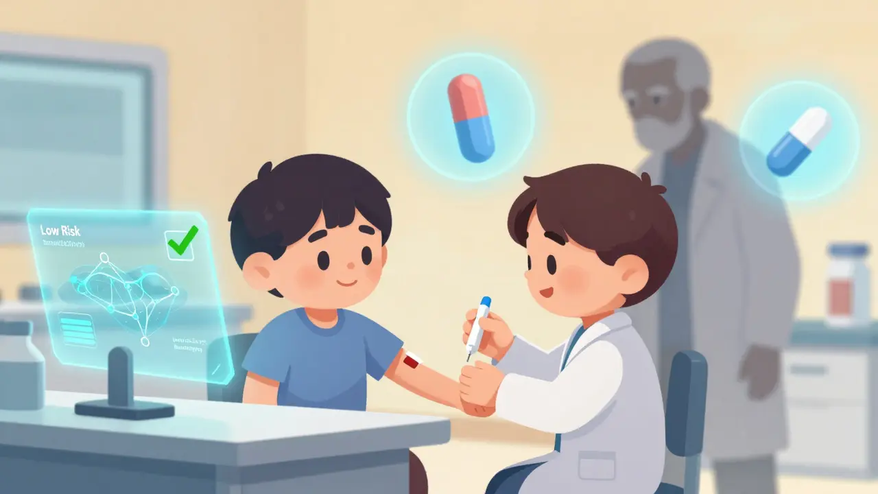 Patient getting genetic test as new antifungal drugs glow on holographic screen.