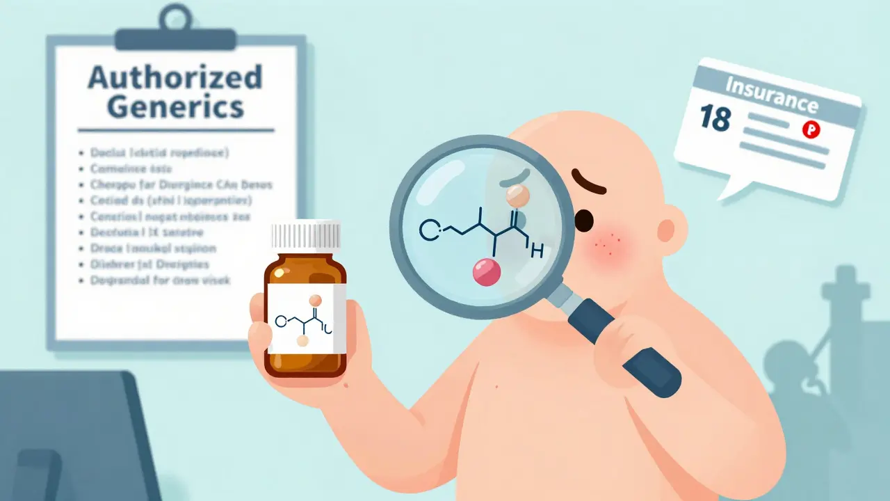 Patient with rash from traditional generic next to a healthy one using authorized generic, with magnifying glass revealing identical pills.