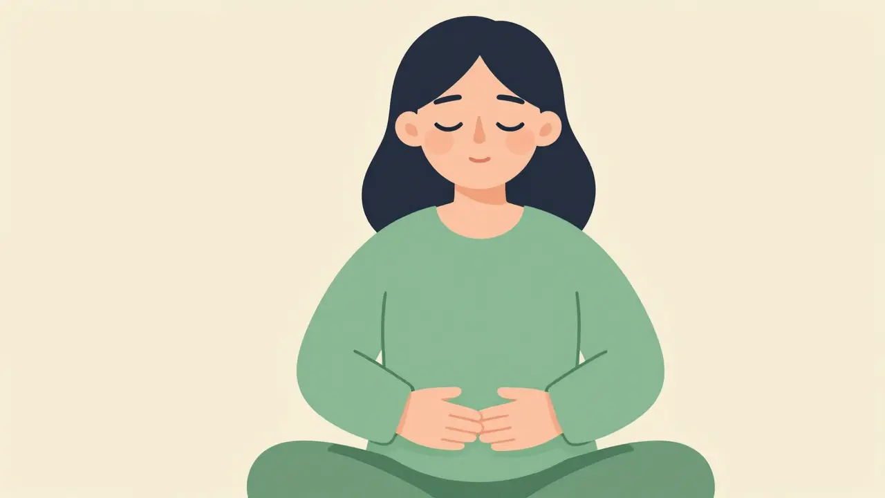 Person practicing deep breathing exercises for opioid withdrawal relief.