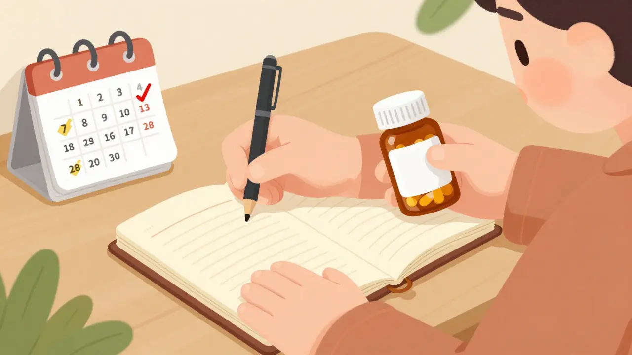 Person tracking opioid taper progress in journal with pill bottle and calendar.