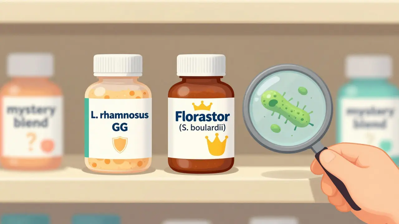 Pharmacy shelf showing verified probiotics with strain names next to a vague mystery blend with question marks.