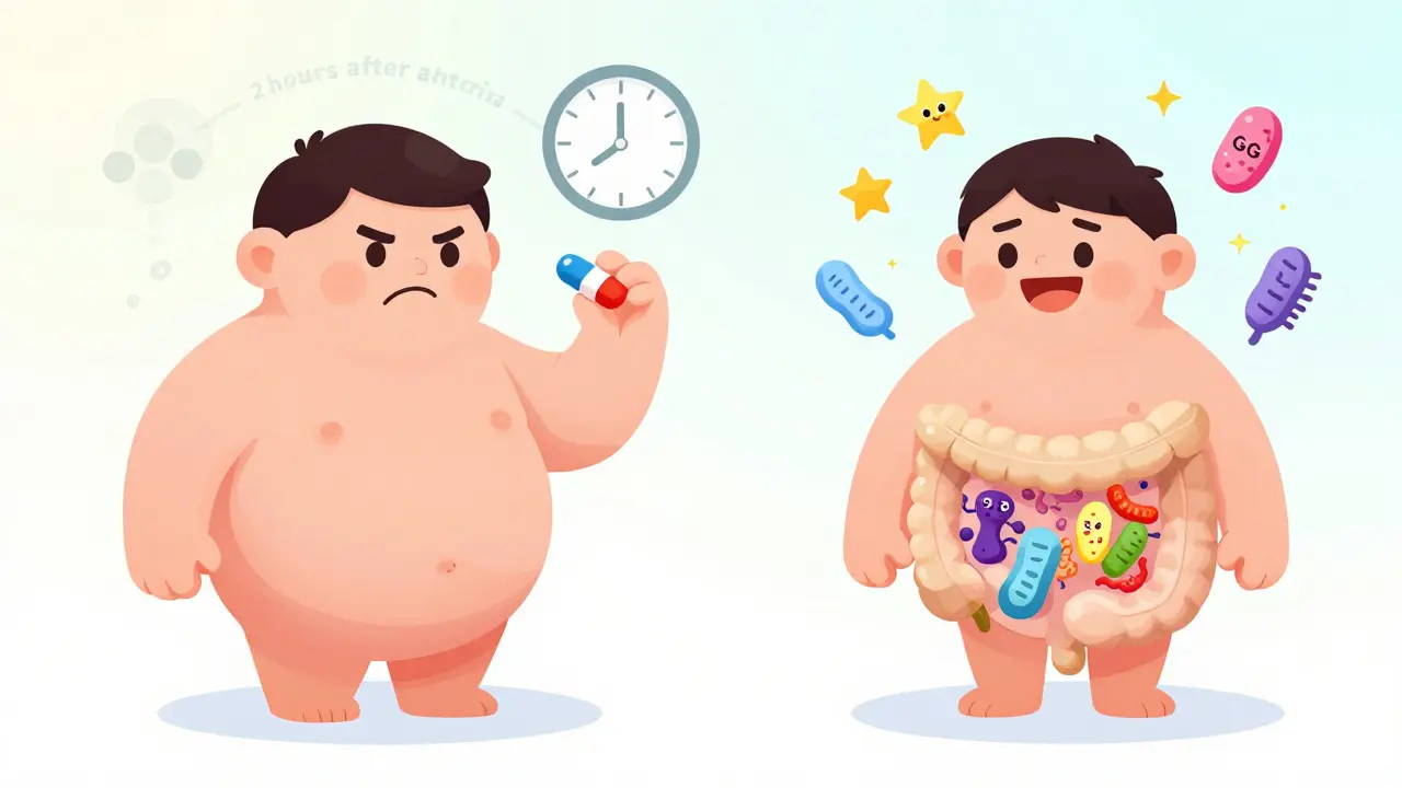 Side-by-side cartoon of a person with bloated gut vs. balanced gut with healthy bacteria after taking probiotics.