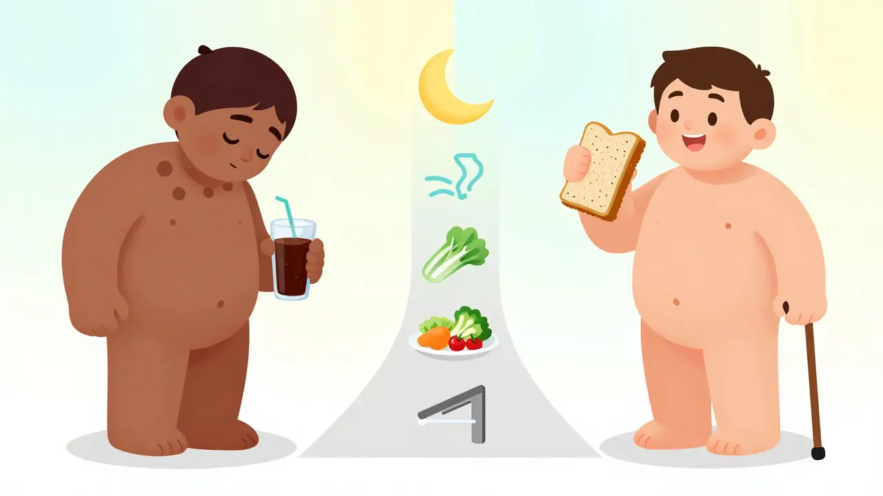 Side-by-side illustration showing a person's transformation from prediabetes to improved health through lifestyle changes.
