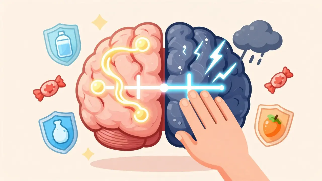 A brain transitioning from chaotic withdrawal symptoms to calm serotonin flow, protected by healthy habits.