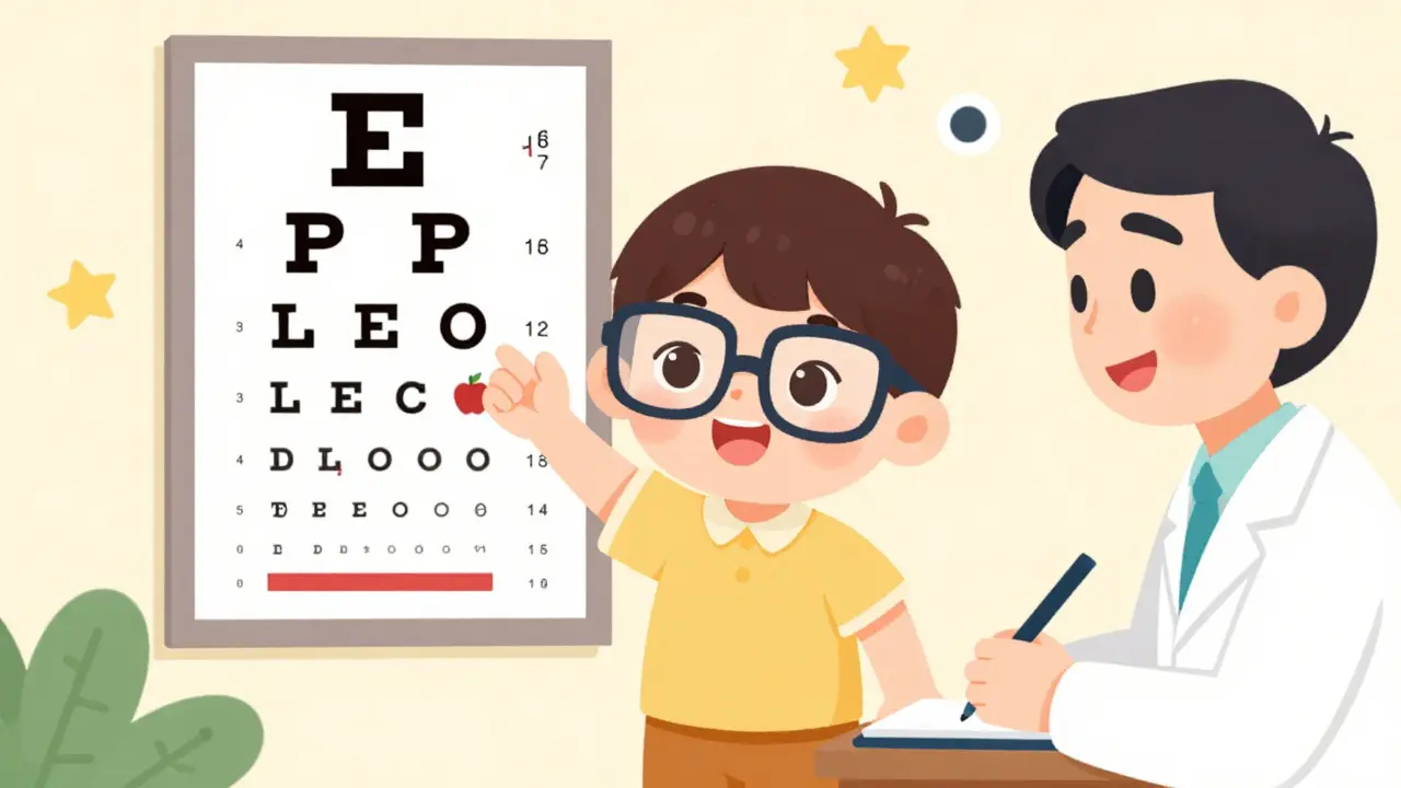 A child identifying shapes on a colorful vision chart during screening.