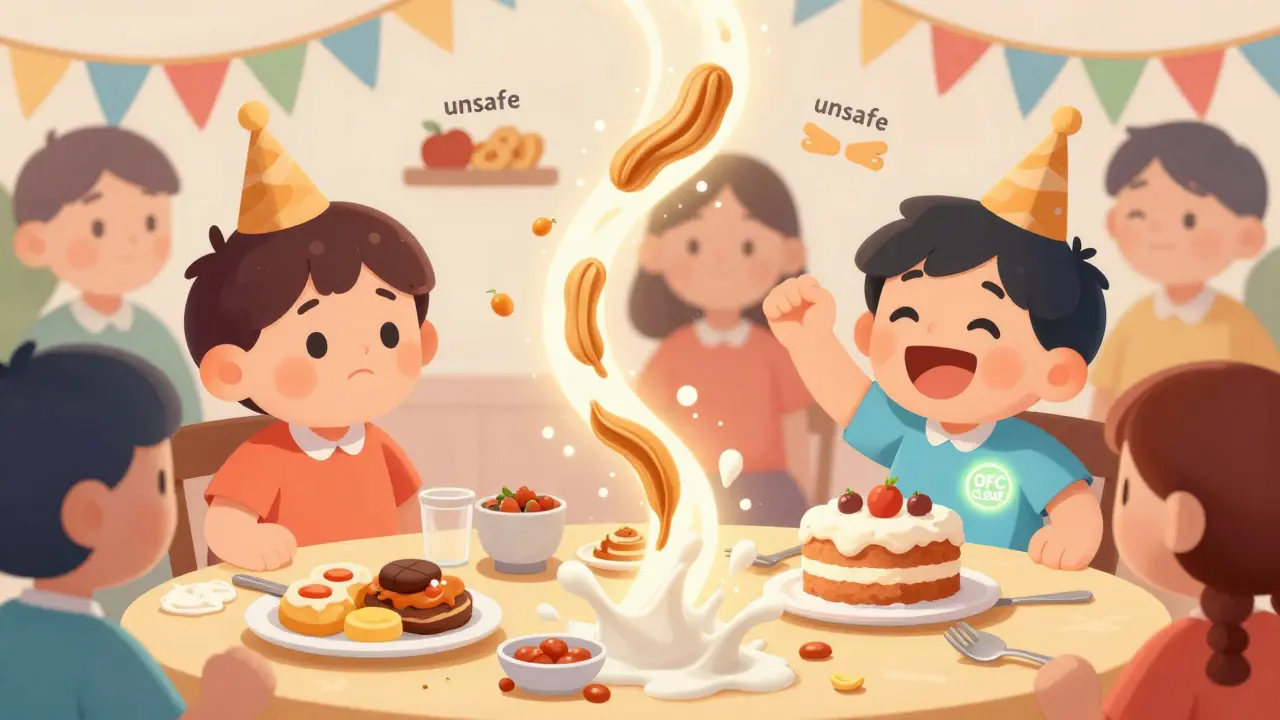 A child transformed from fearful eater to joyful participant at a party after an oral food challenge confirms no allergy.